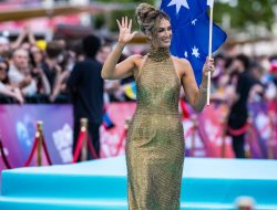 Delta Goodrem shines in gold mesh at Eurovision 2026 with Aussie flair